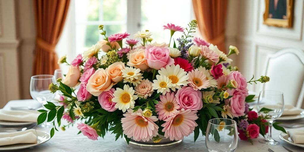 Colourful flowers in a centrepiece on a dining table.