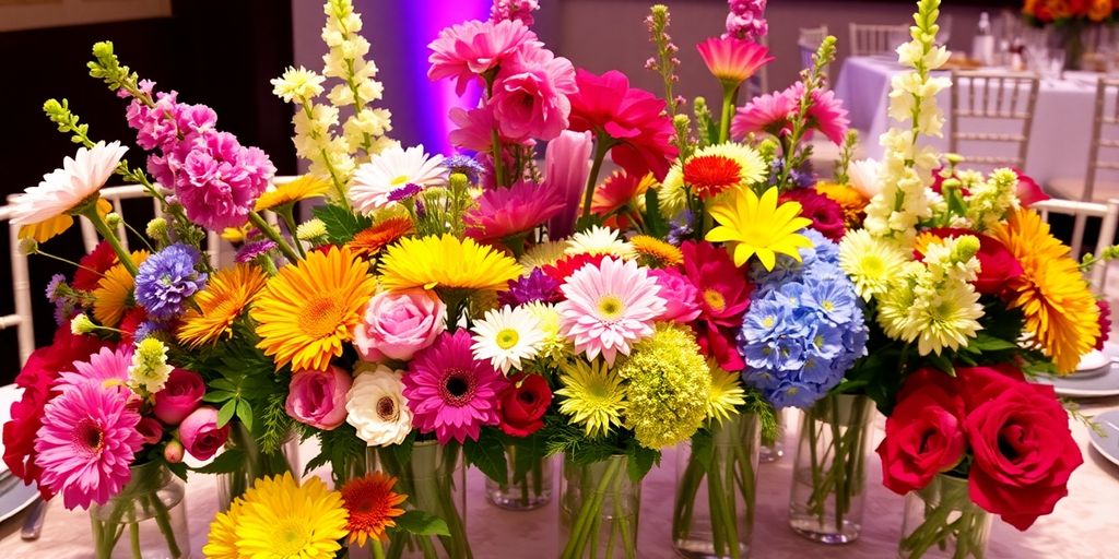 A table decorated with vibrant flower arrangements.