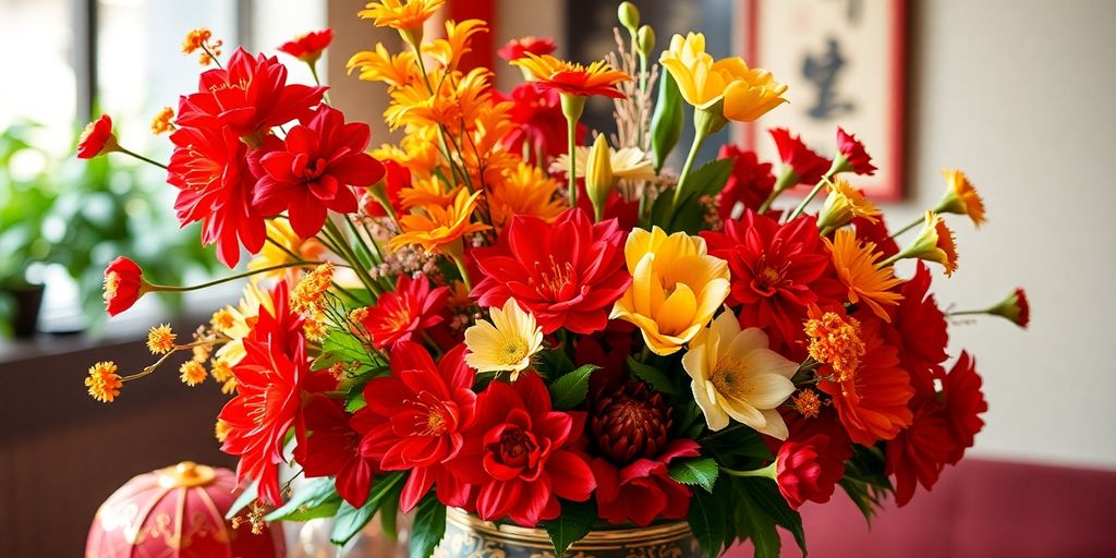 Vibrant Lunar New Year flowers in a decorative vase.