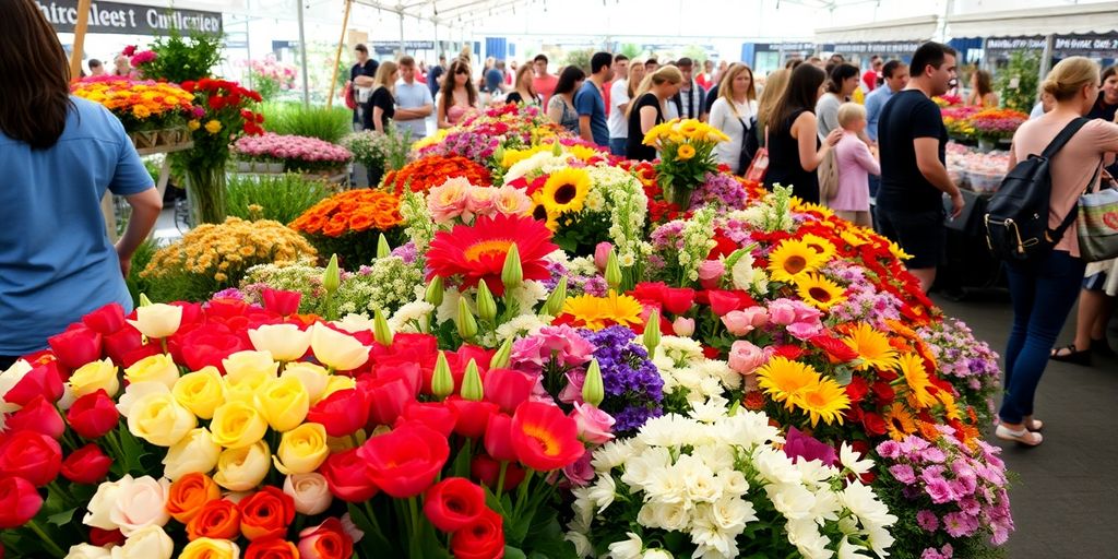 Vibrant flower market filled with colourful blooms.