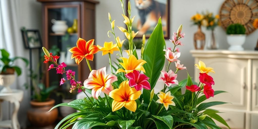 Five auspicious flowers and plants in a home setting.