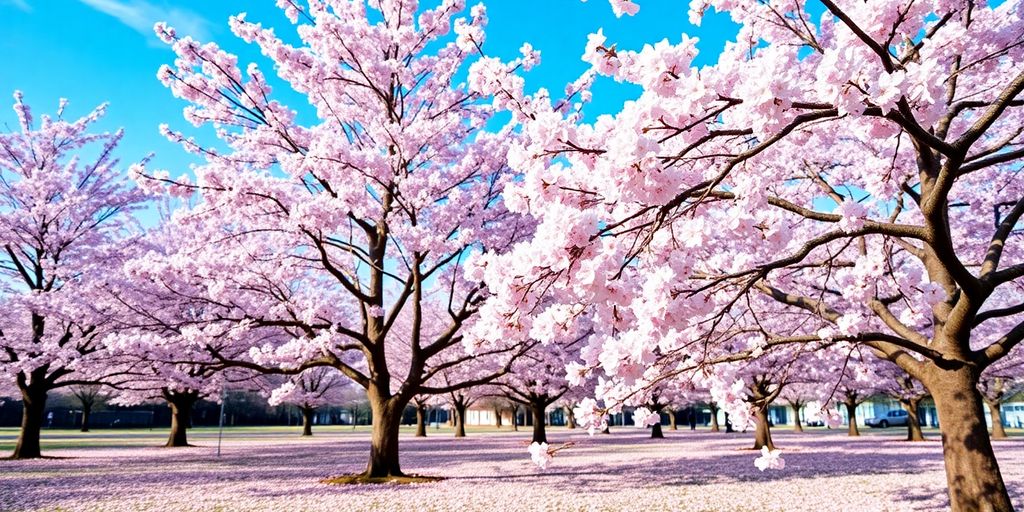 Cherry blossom trees in full bloom with pink petals.