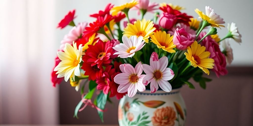 Vibrant flower arrangement in a decorative vase.