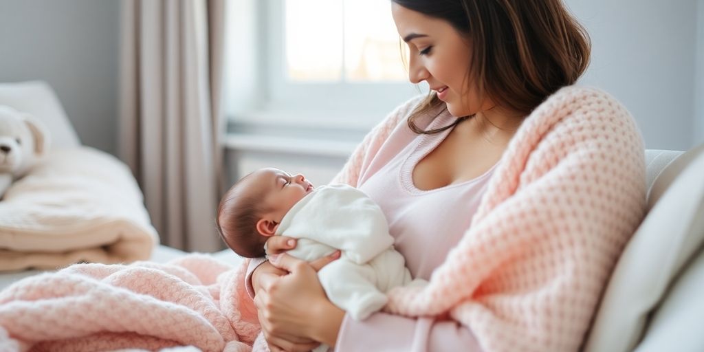 New mum holding her baby in a cozy setting.