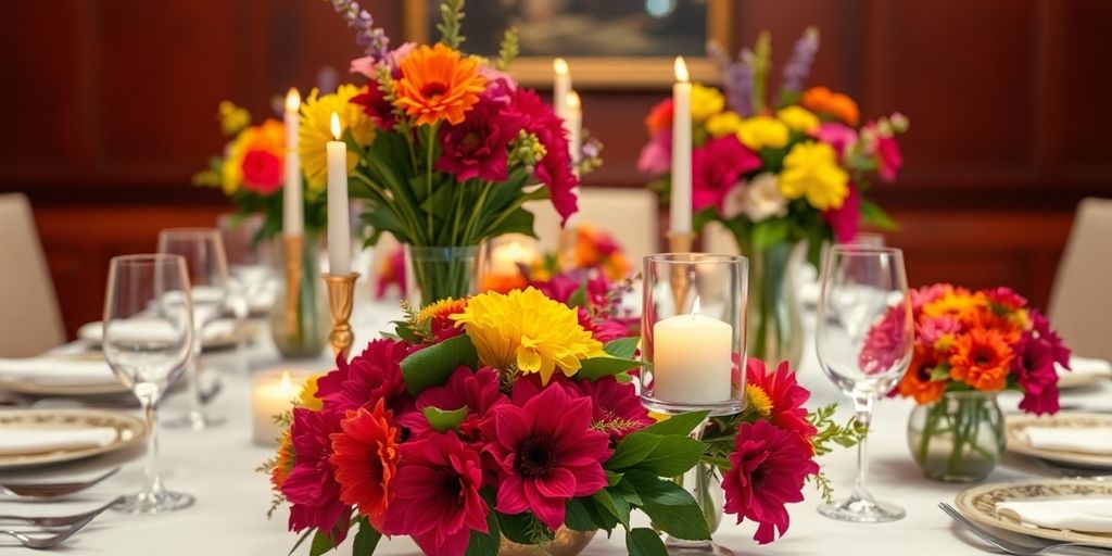 Floral arrangements on a decorated dining table.