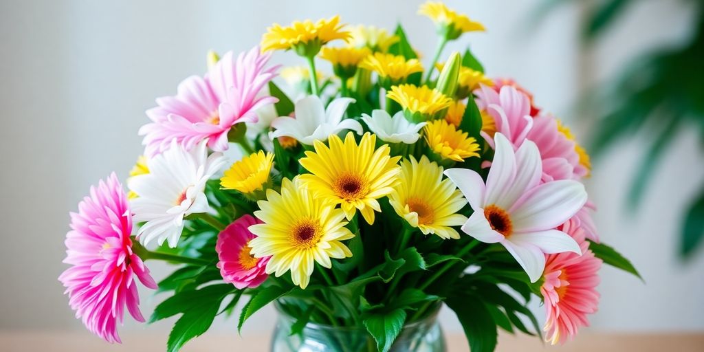 Vibrant birthday flowers in a clear vase.