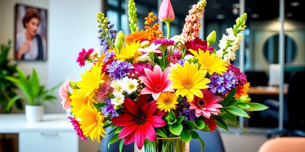 Bright flowers in a modern office vase.