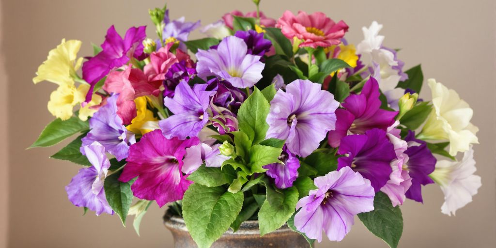 Colourful February birth flowers in a rustic vase.