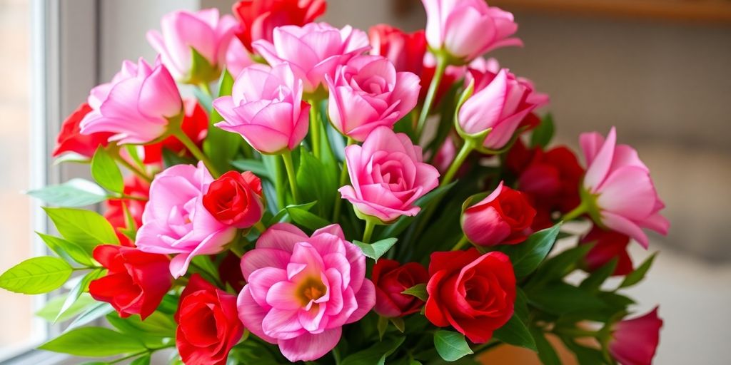 A colourful bouquet of fresh Valentine's flowers in a vase.