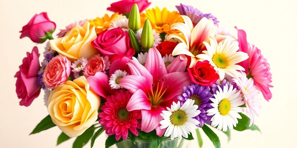 A bouquet of colourful birthday flowers in a vase.