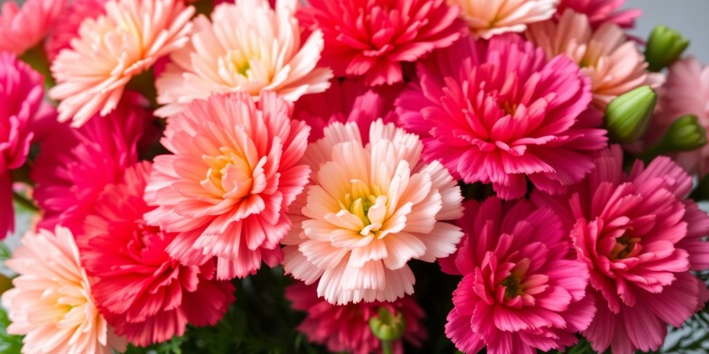 Close-up of colourful carnations in a lush bouquet.