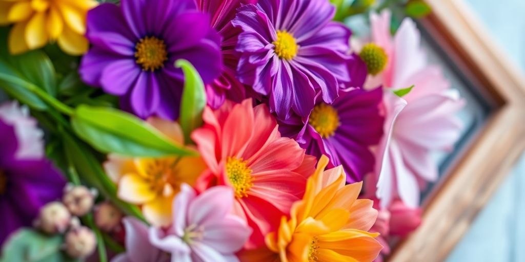 Pressed flowers arranged in a wooden frame.