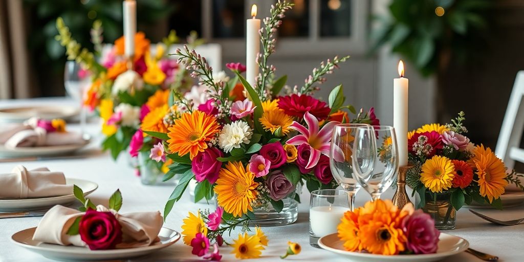 Floral arrangements on a creatively styled dining table.